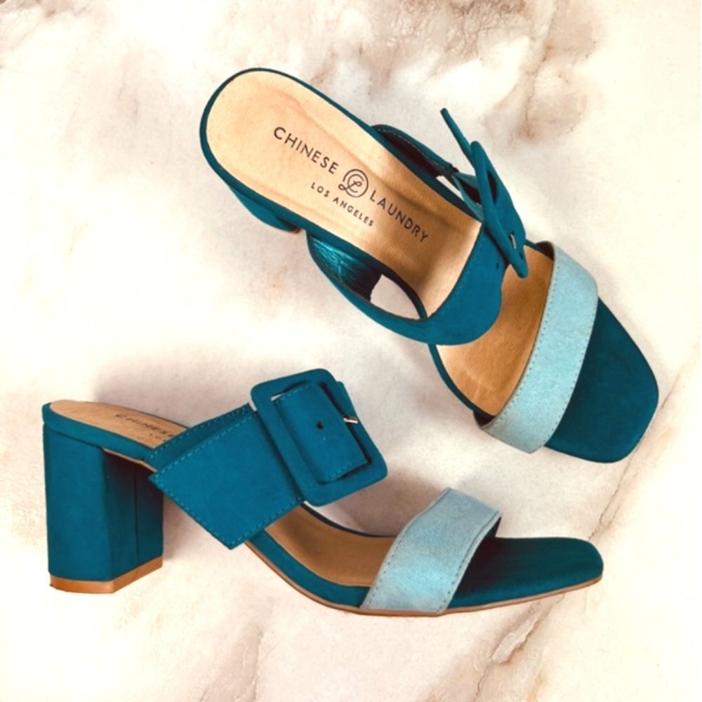 Chinese Laundry Ysy Microsuede Teal Aqua Two Tone Block Heel Sandals, Sz 5.5